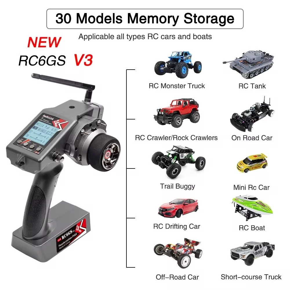 Radiolink-transmissor de rádio rc6gs v3, 7 canais, r7fg, r6fg, giroscópio telemetria, 600 metros lcd, para carro rc, barco, escalada