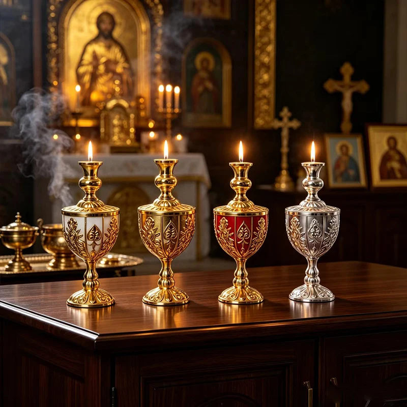 Byzantine Gold Metal Vigil Lamp Red Glass Lampada Standing Candle Holder for Home Altar Christian Orthodox Church Decor Gift