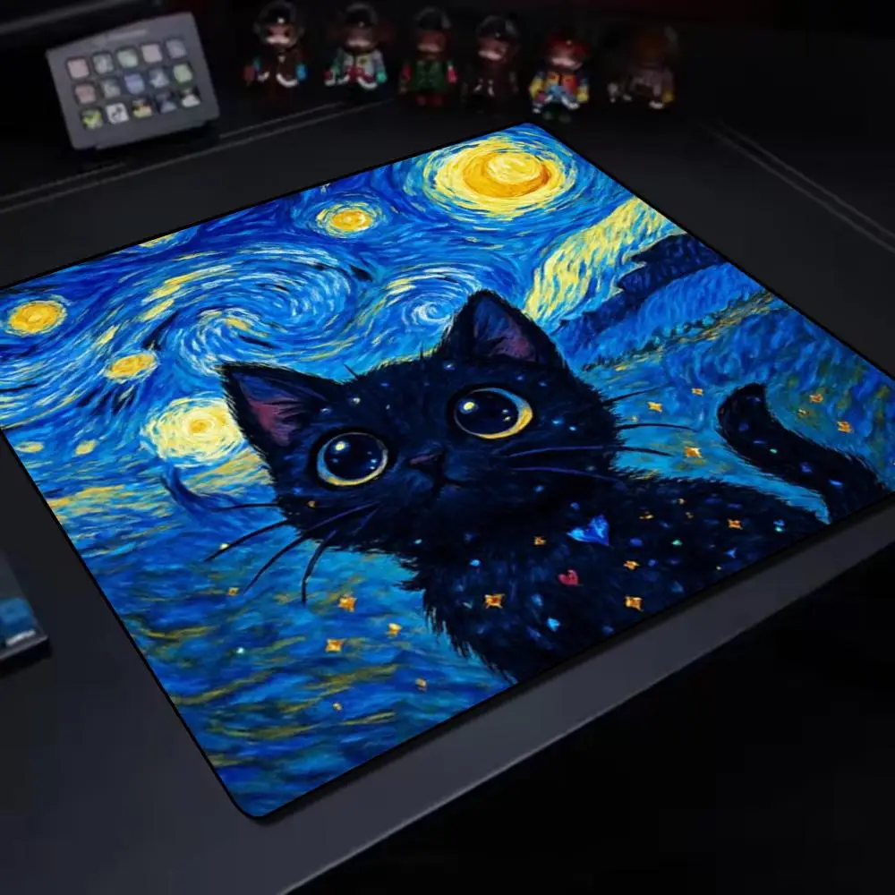 Starry Night Cat Mouse Pad, Van Gogh Art Style Cute Black Cat Desk Mat, Non-Slip Rubber Gaming Mousepad for Office & Home