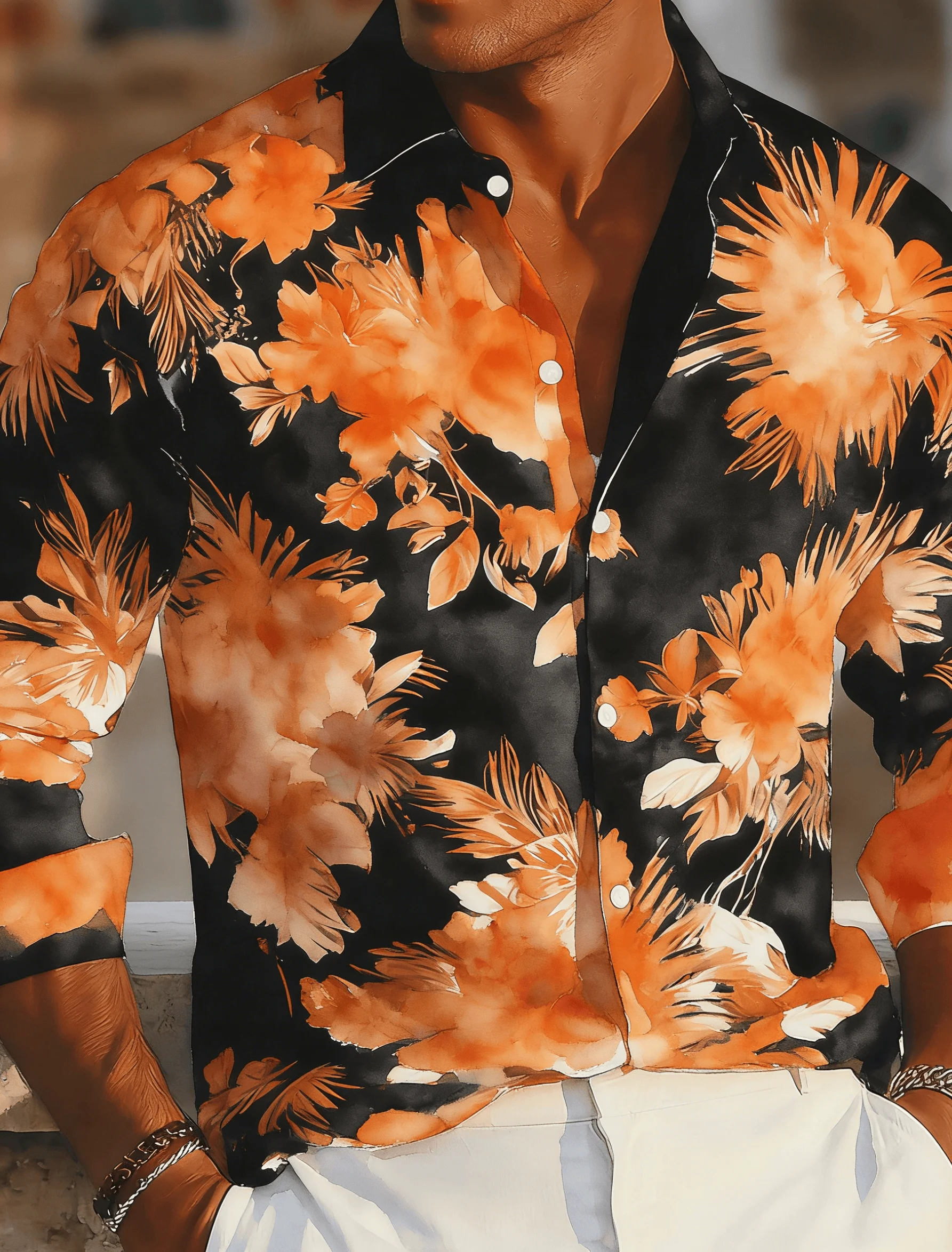 

Men's Black Watercolor Tropical Floral Print Lapel Shirt, Spring Summer Vintage Vacation Top