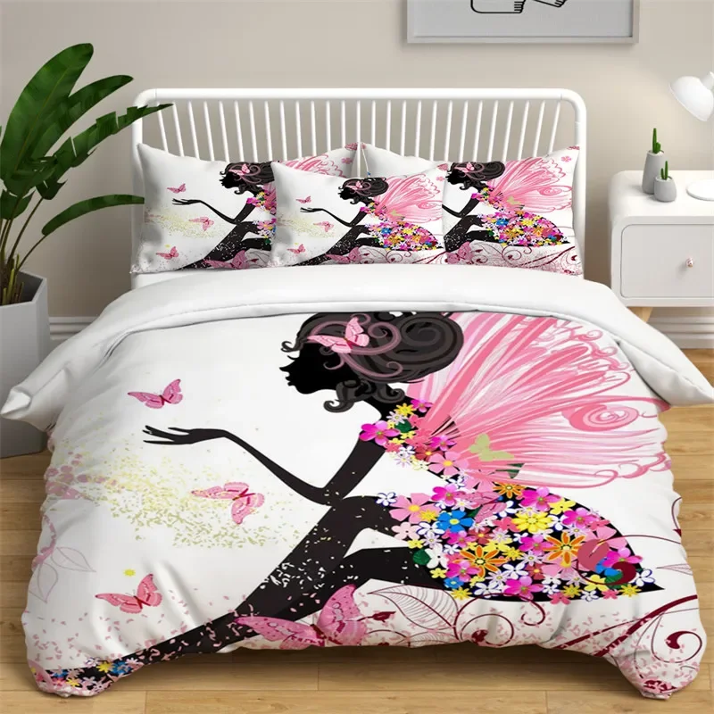 

Girly Butterfly Duvet Cover Lovely Pink Flower Fairy with Wings Bedding Set Microfiber Romantic Comforter Cover King Queen Size