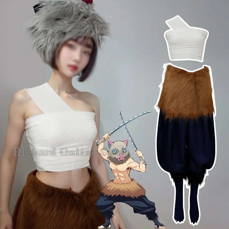 Anime Hashibira Inosuke Cosplay Costume Inosuke Uniform Wig Pig Mask Halloween Outfit For Women Sexual Genderswap Suit Pants