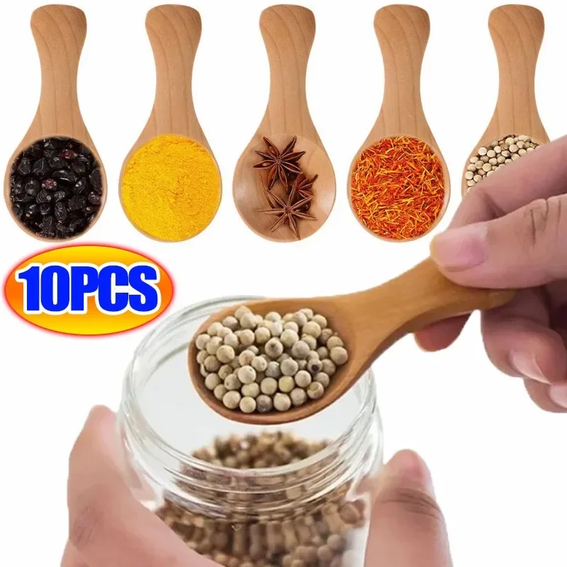 1/10Pc Short Handle Small Wooden Spoons Tea Honey Coffee Kitchen Spice Condiment Salt Sugar Enduring Mini Baby Spoon Accessories