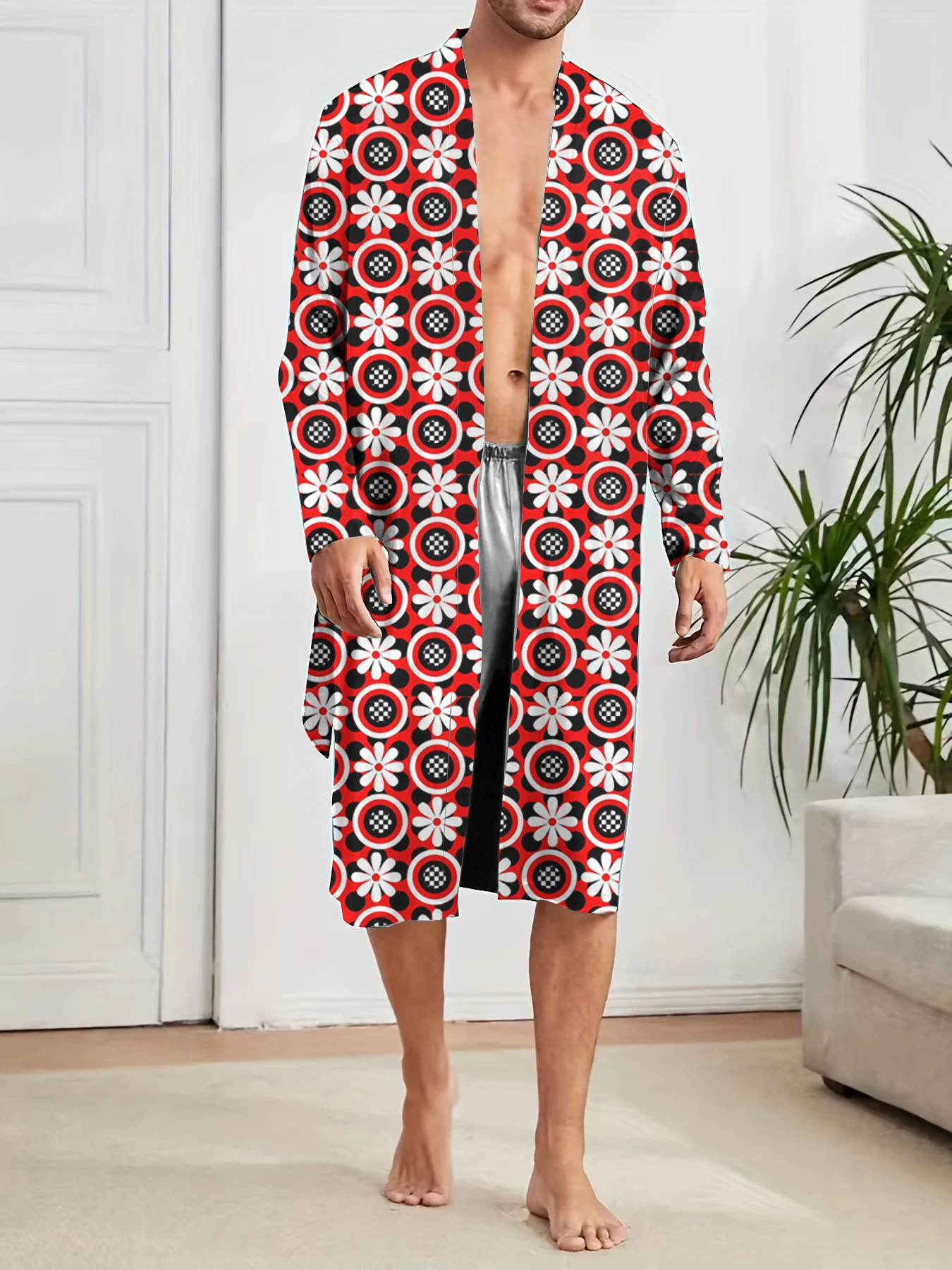 Spring and Autumn men's long Shower robe casual home sleeping robe, fun long robes digital printing quick drying.