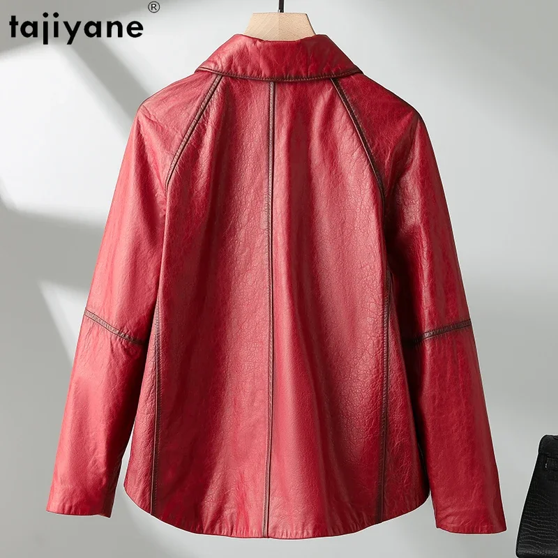 Tajiyane-Veste en cuir véritable pour femme, manteau court vintage, 2023 peau de mouton véritable, col rabattu, qualité supérieure, 100%