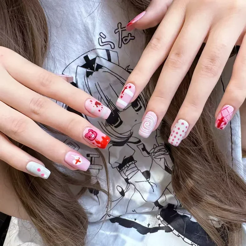 

Cute Pink Bearbrick Press On Nails Medium Long Length Cartoon Nail Art Stickers Niche Design Whitening False Nails For Women