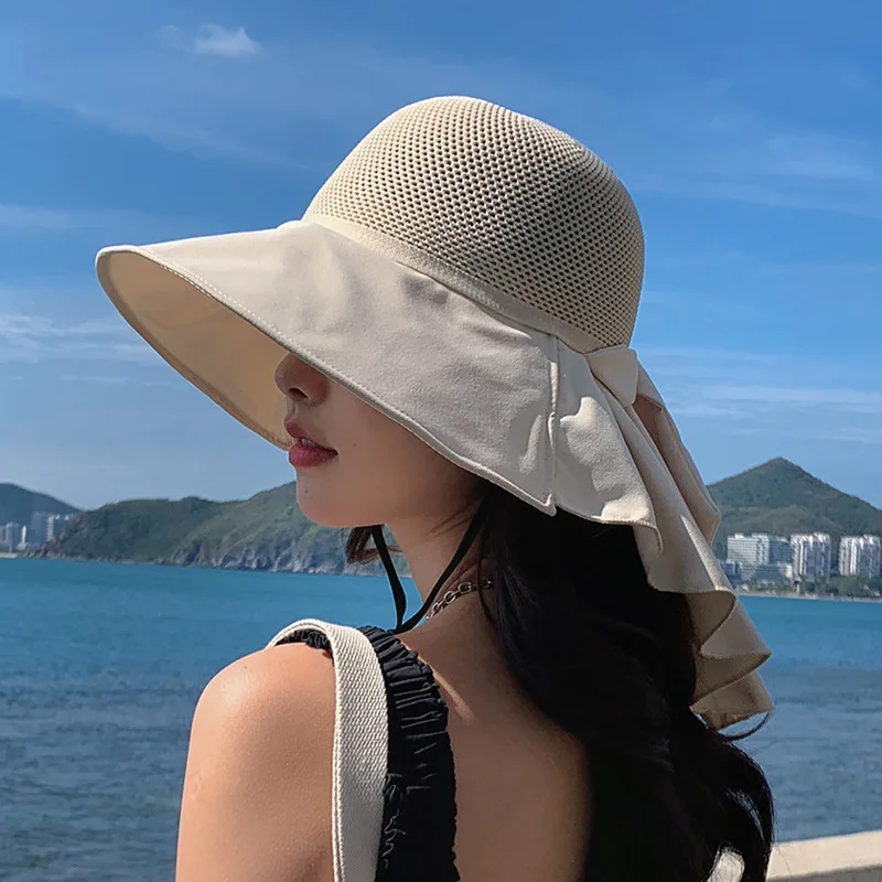 Summer Women Bucket Hat with Shawl Lightweight Breathable Mesh Face Neck Protection Sun Hat Bow Pleat  Beach Cap Design Travel