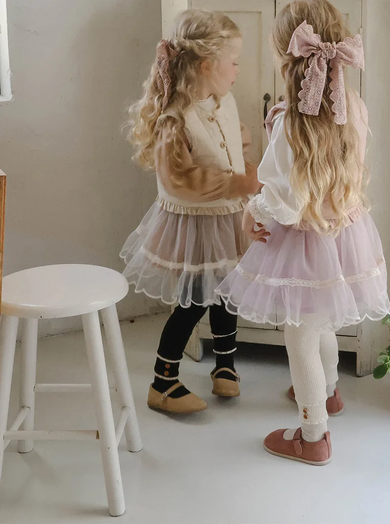 Fall 2025 New Korean Style Girls Elastic Ruffle Striped Slim Fit Base Layer Pants Trendy Children's Fashion Bottom Wear
