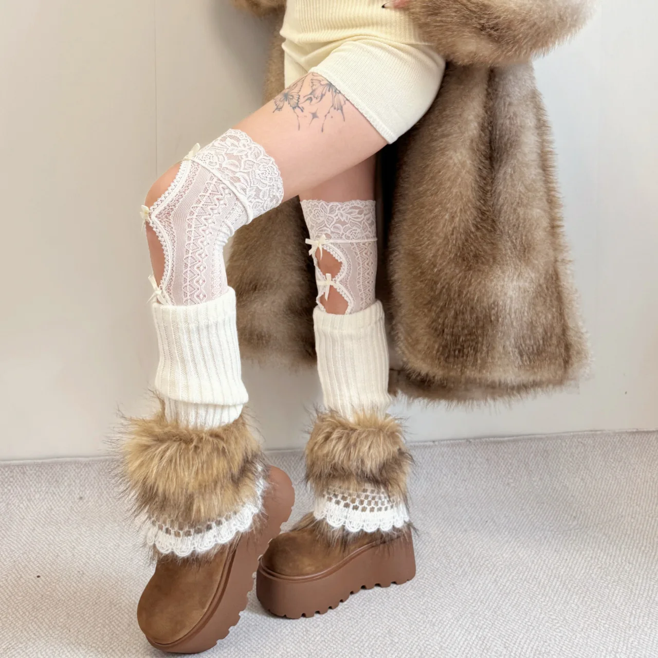 

Winter New Faux Fur Knit Lace Splicing Legwarmer Trendy Korean Girls Knee Warm Stack Socks Fair Isle Style Sock Covers