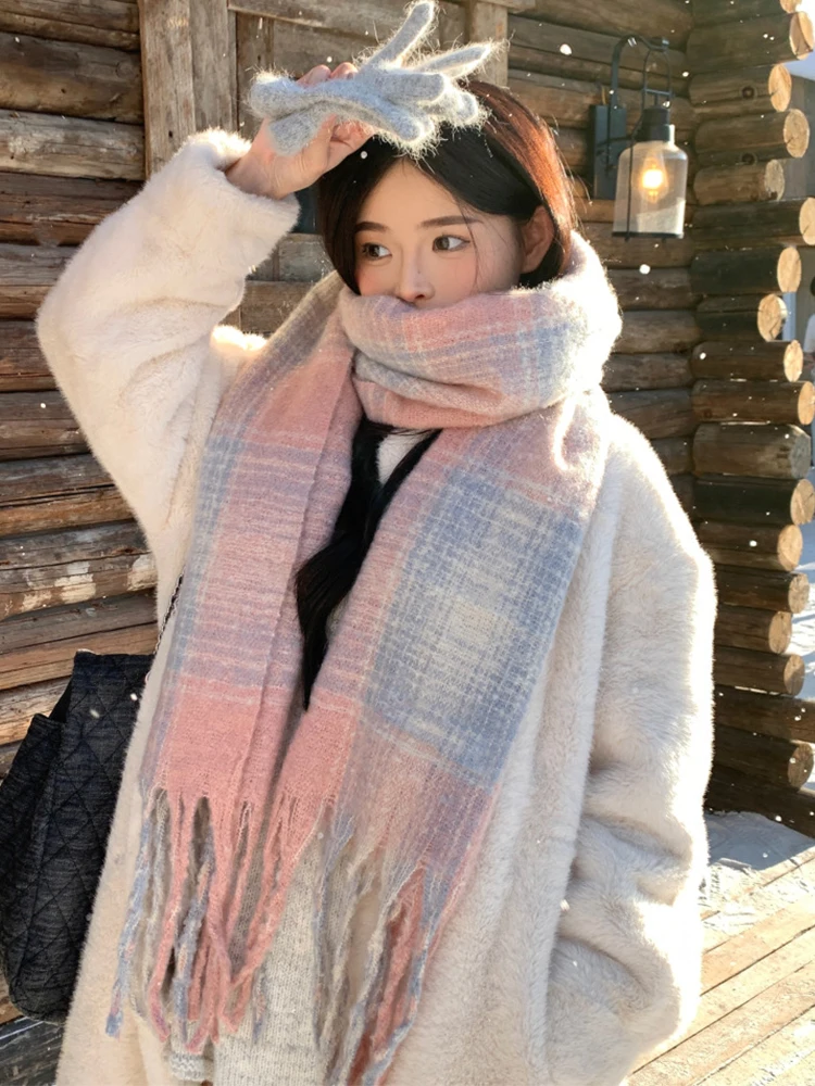 

Women Winter Knitted Scarf Headscarf Ladies Men Casual Preppy Plaid Tassel Warm Scarve Mujer Male Retro Soft Foulard Wrap Shawl