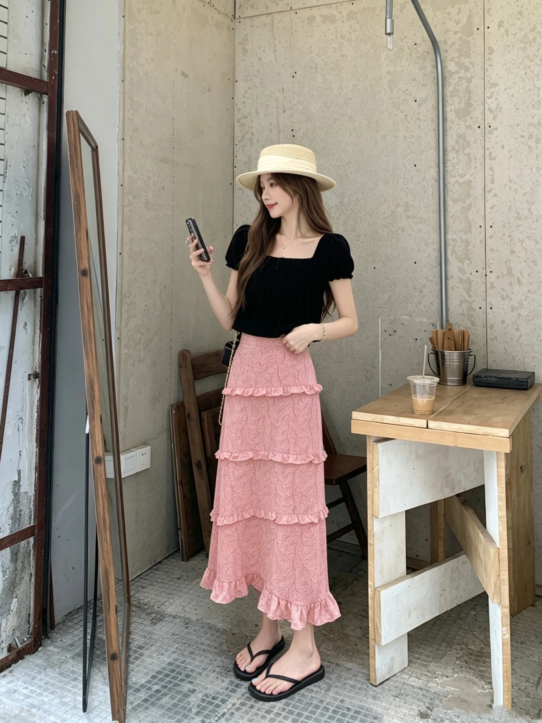 

Summer Floral Lace Halter Skirt Set Women's Fish Tail Long Dress Bubble Sleeve Square Collar Top Bottoms Fashion Ensemble