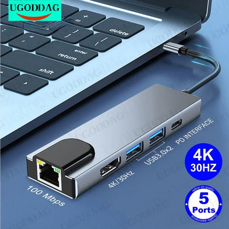 100 Mbps USB C HUB To 4K HDTV PD 87W Type-C Docking Station USB-C Ethernet Adapter RJ45 Lan Internet Splitter SD TF Card Reader