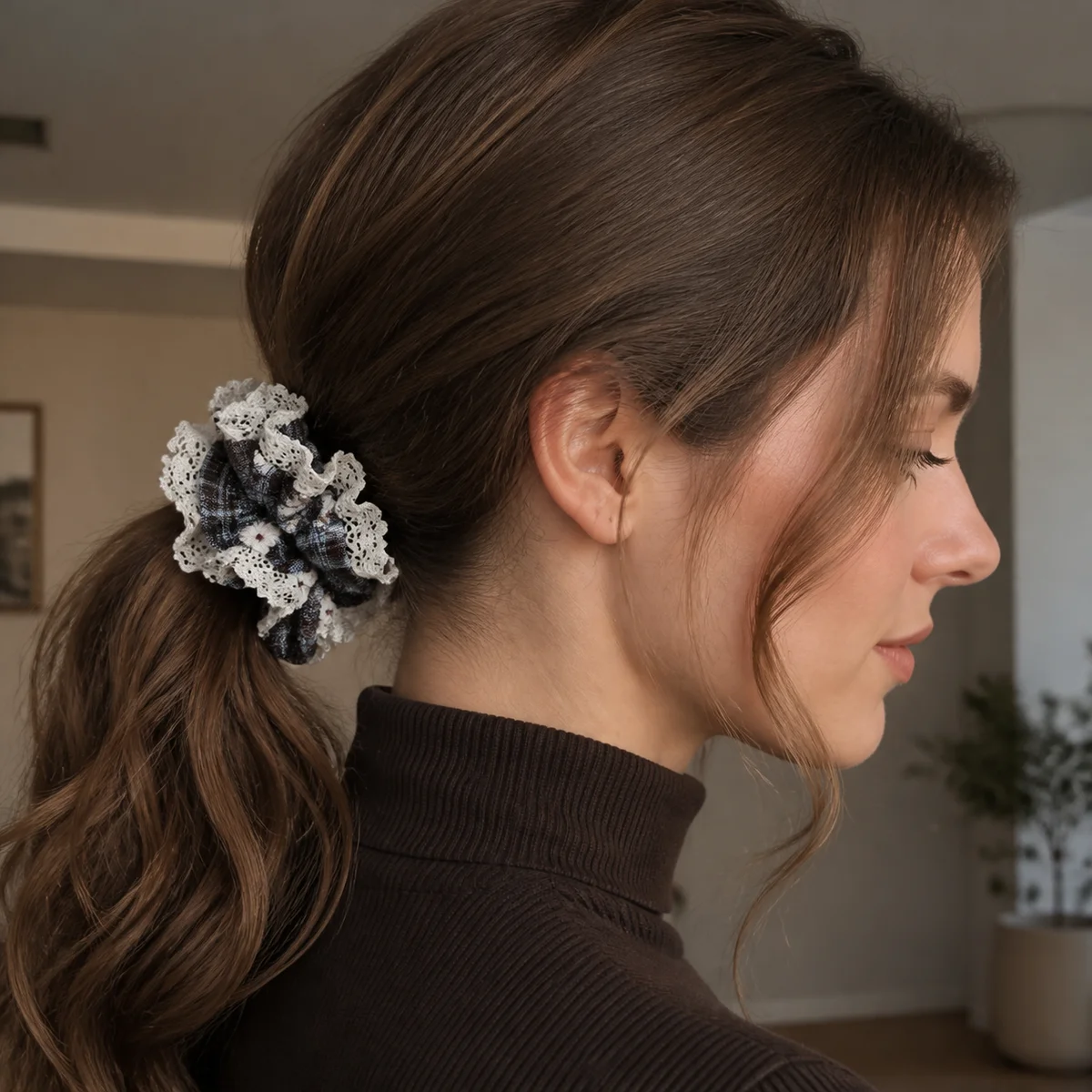 Chocolate Brown Powder Blue Plaid Ivory Floral Lace Ruffled Double-Layer Hair Scrunchie