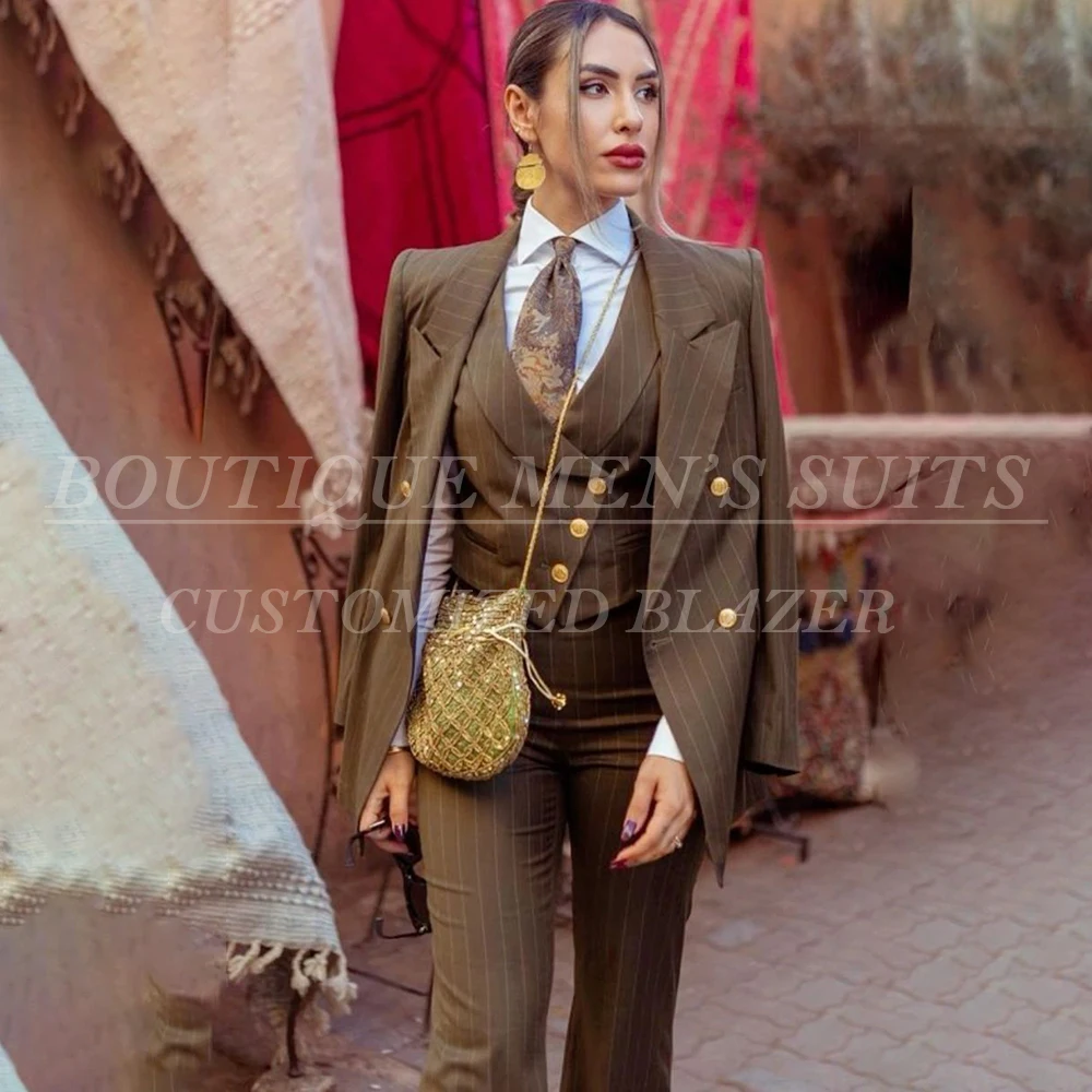 

Модные женские костюмы в тонкую полоску, узкая вечерняя куртка из трех предметов, брюки, жилет, высококачественная двубортная женская одежда с остроконечными лацканами