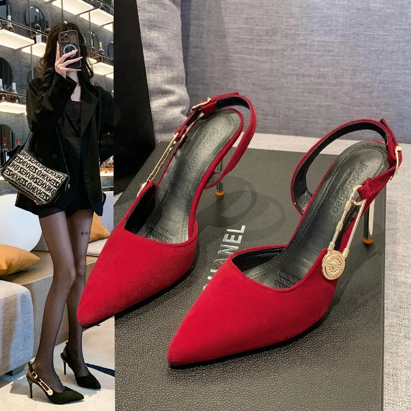 FHC 2024 New Sexy Women High Heels Sandals,Summer Shoes,Pointed Toe,Mid Shallow Out,Ankle Strap,Black,Red,Size 35-40.Dropship