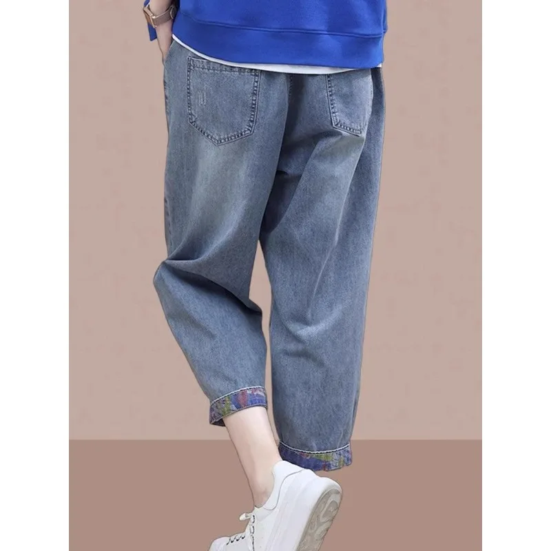 y2k Summer Thin Fashion Casual Jeans for Women, High Waist Elastic Waist Retro Embroidery, Loose Straight Leg Harem Capri Pants