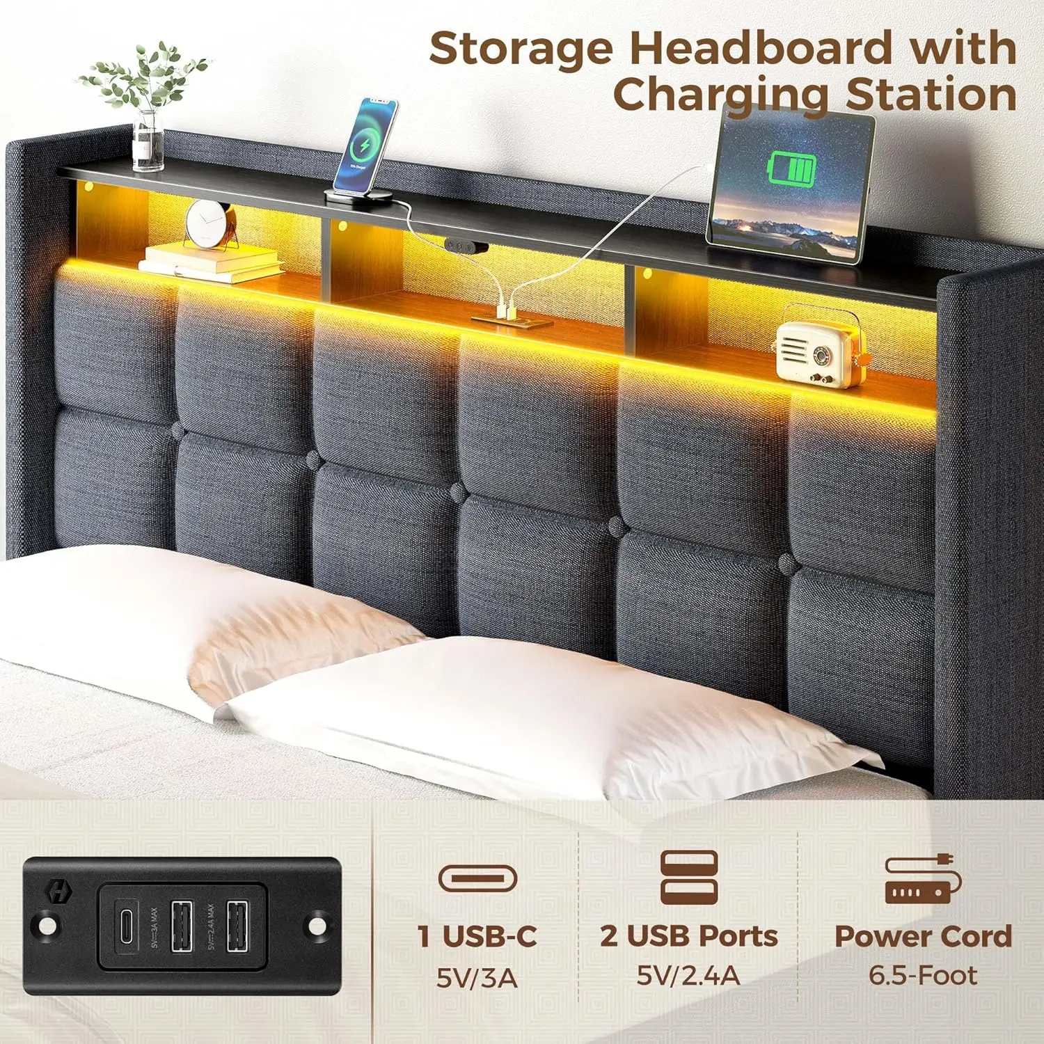 Cama com Lift Up Storage, Estação de carregamento e luzes LED, Estofados Armazenamento Cabeceira, Twin Size, Heavy Duty