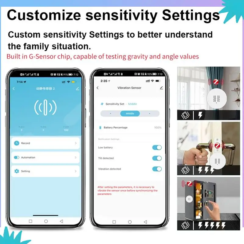 ABZW Tuya Zigbee Smart Vibration Sensor Tilt Detector Home Security Protection Smart Life App Real-Time Monitor Alarm