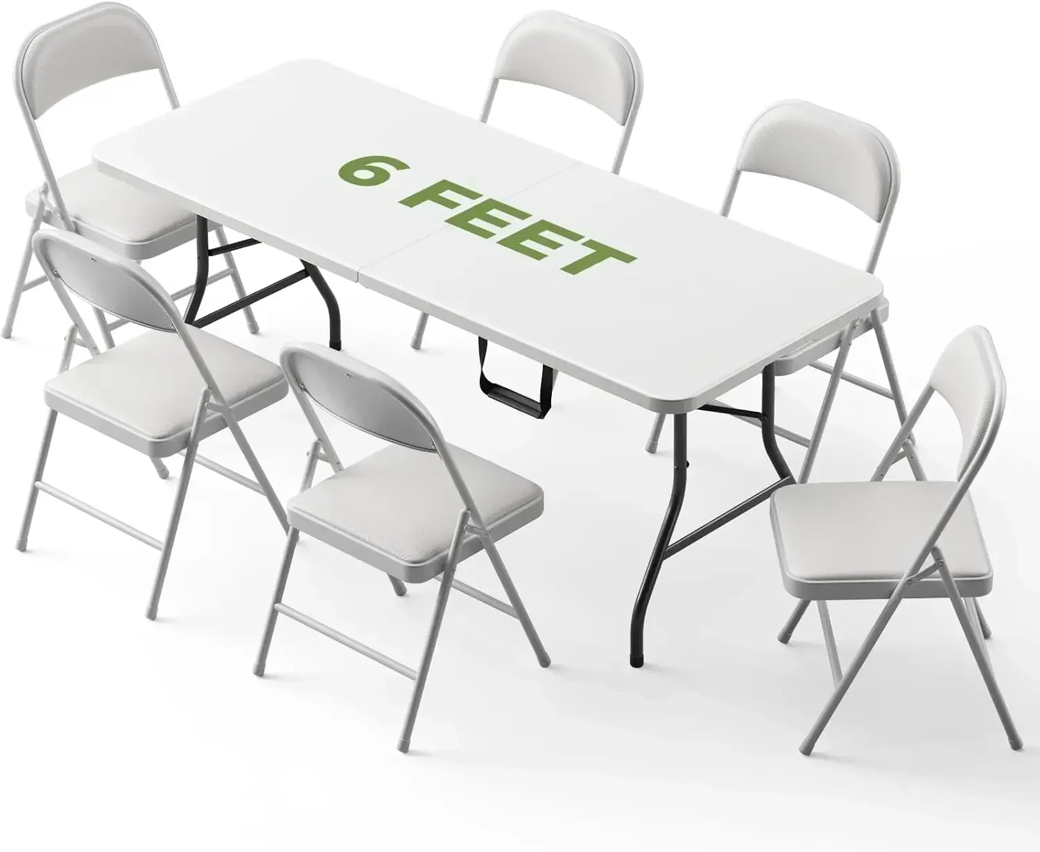 Folding Dining Table Set for 6, 6FT Foldable Plastic Table with Carrying Handle & 6 PU Leather Padded Folding Chairs, Portable T