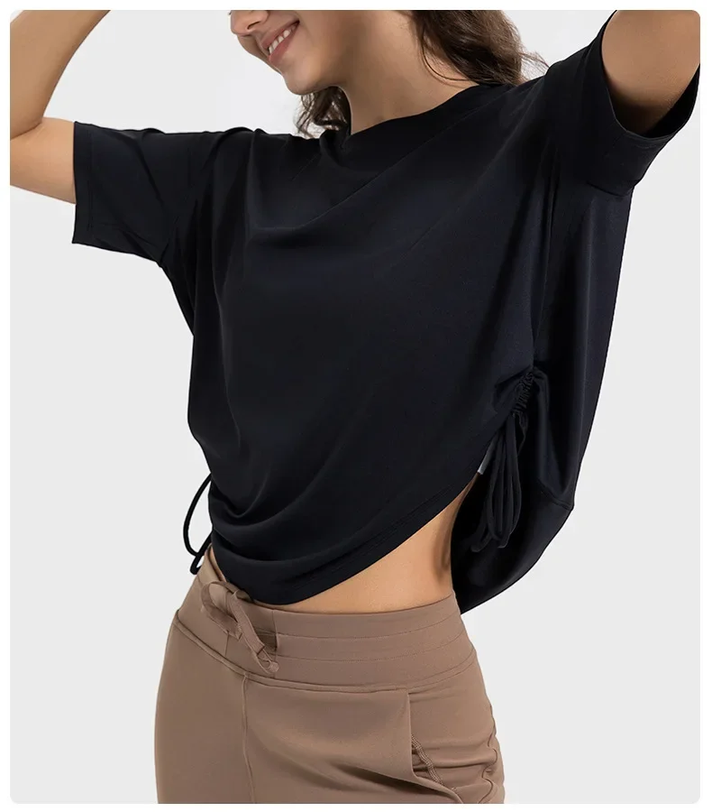 Back Action Relaxed Fit Boatneck T-Shirt Soft Oversize Yoga Short Sleeve Running Shirt Long Length Keeps Bum and Hips Covered