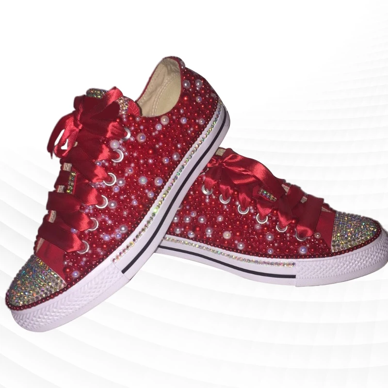 Low-top red canvas shoes red ribbon comfortable sports walking shoes handmade rhinestone ribbon pearl vulcanized shoes 35-46