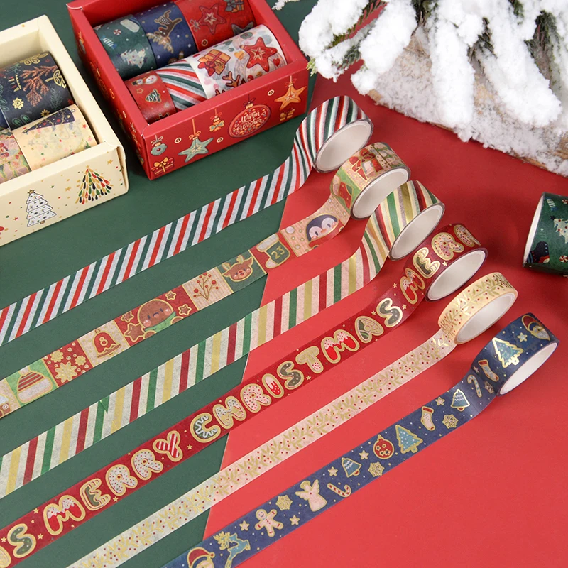 6/8pcs Merry Christmas Tape Set Box-Packed Holiday Gift Decorative Scrapbook DIY Masking Tape Stationery Journal Decor Supplies