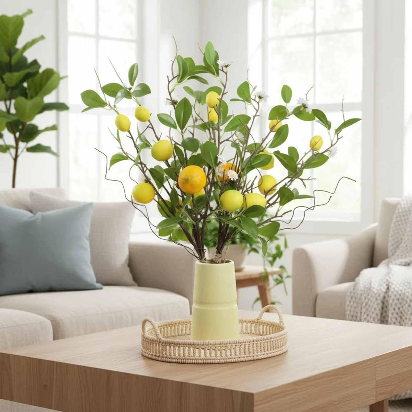 Indoor Lemon and for daisy Floral Arrangement with Plastic Lemons Silk Cloth for daisies and Green Leaves for Consistent Decor