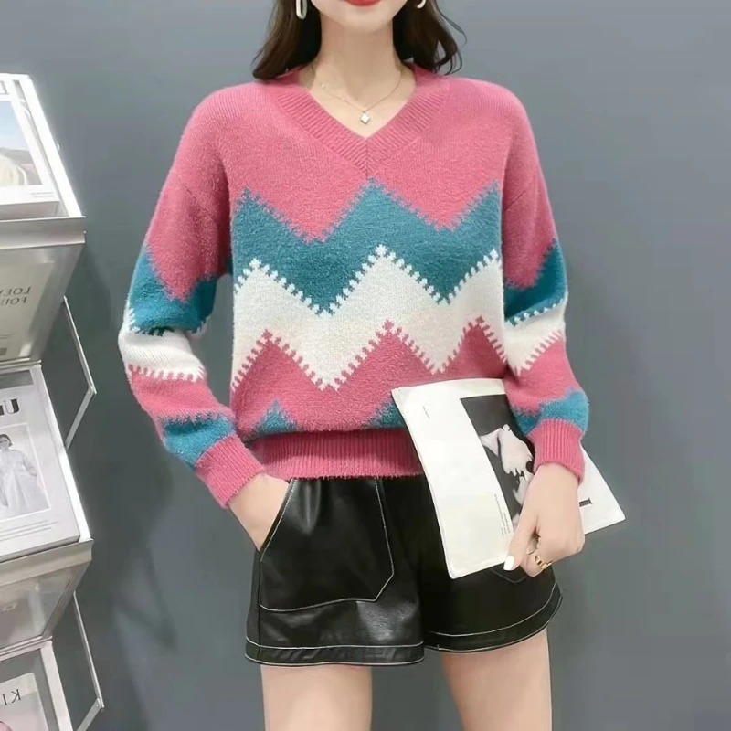 

Темпераментные модные осенне-зимние свитера женские с v-образным вырезом волнистый крой контрастного цвета повседневные тонкие пуловеры с длинными рукавами вязаный топ