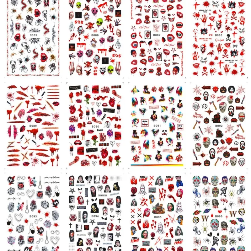 12 Sheets Various Halloween Scary Elements Skull Head Blooding Lip Spider Adhesive Nail Art Stickers Decals Manicure Acessories