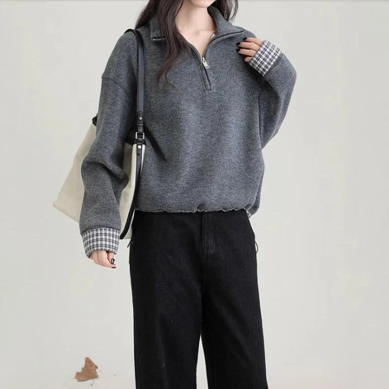 Women Autumn Winter Half Zip Stand Collar Sweatshirt Loose Plaid Cuff Spliced Fleece Lined Warm Casual Pullover Top