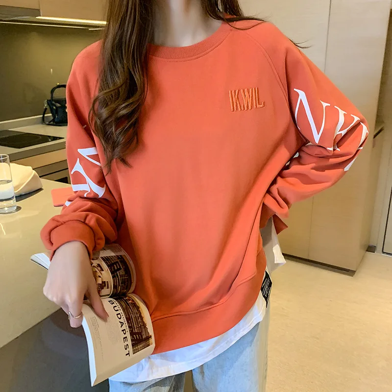 2024 Autumn Female style Fake two items Long sleeves Sweater easy Thin style Round neck Embroidery letter Women's Pullover shirt