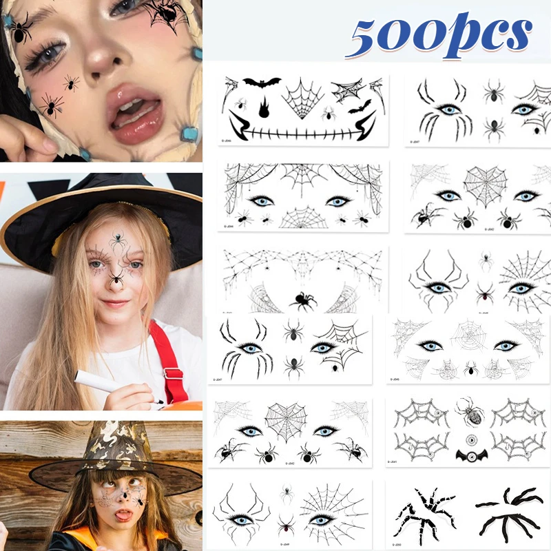 500PCS Halloween Spider Face Stickers adesivi per tatuaggi Black Spider Bat bambini adesivi per tatuaggi spaventosi usa e getta per adulti