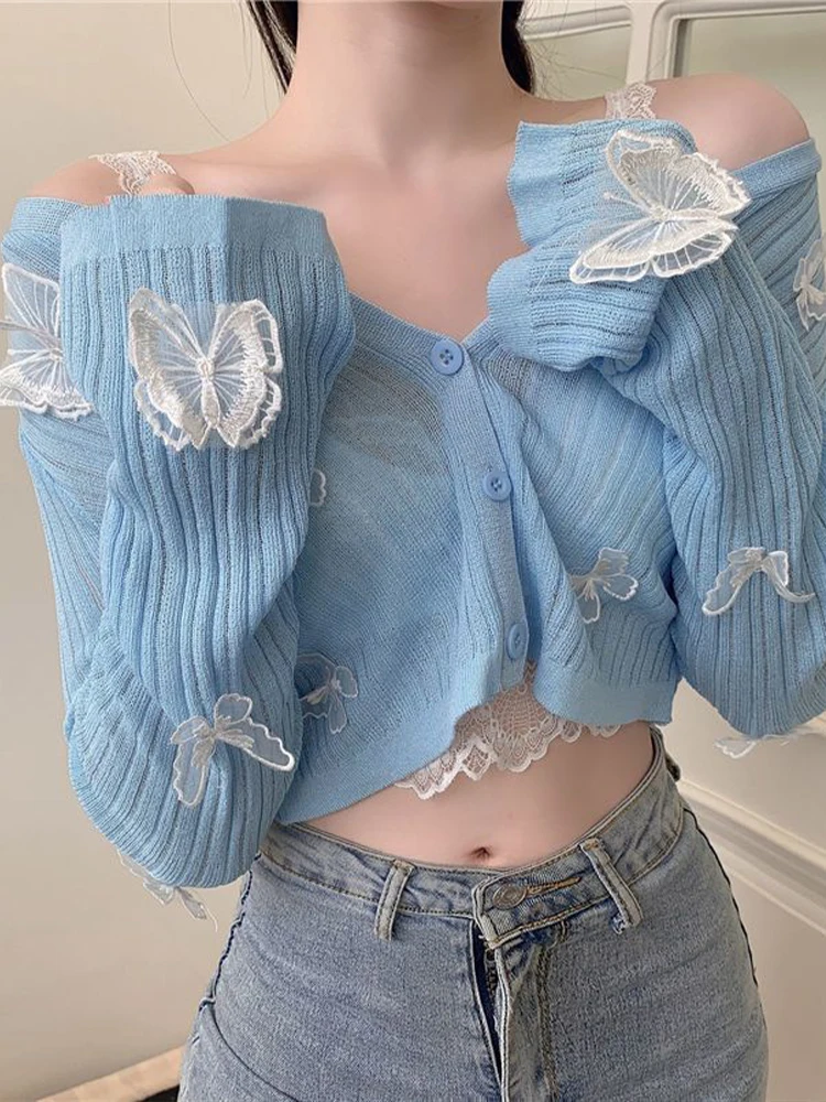 Pink Butterfly Cardigan Women Summer Long Sleeve Knitted Sweater Female Korean Fashion Sweet Cute Slim Button Sunscreen Crop Top