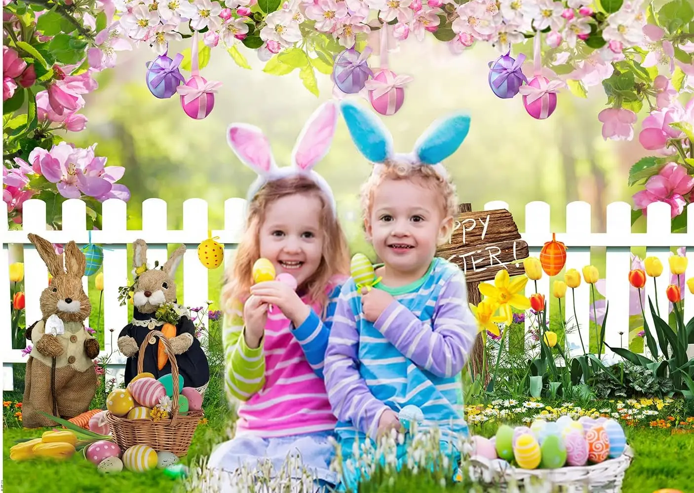 Happy Easter Backdrop for Photography Spring Easter Rabbit Eggs Flower Garden Bunny Newborn Baby Portrait Photo Background Decor