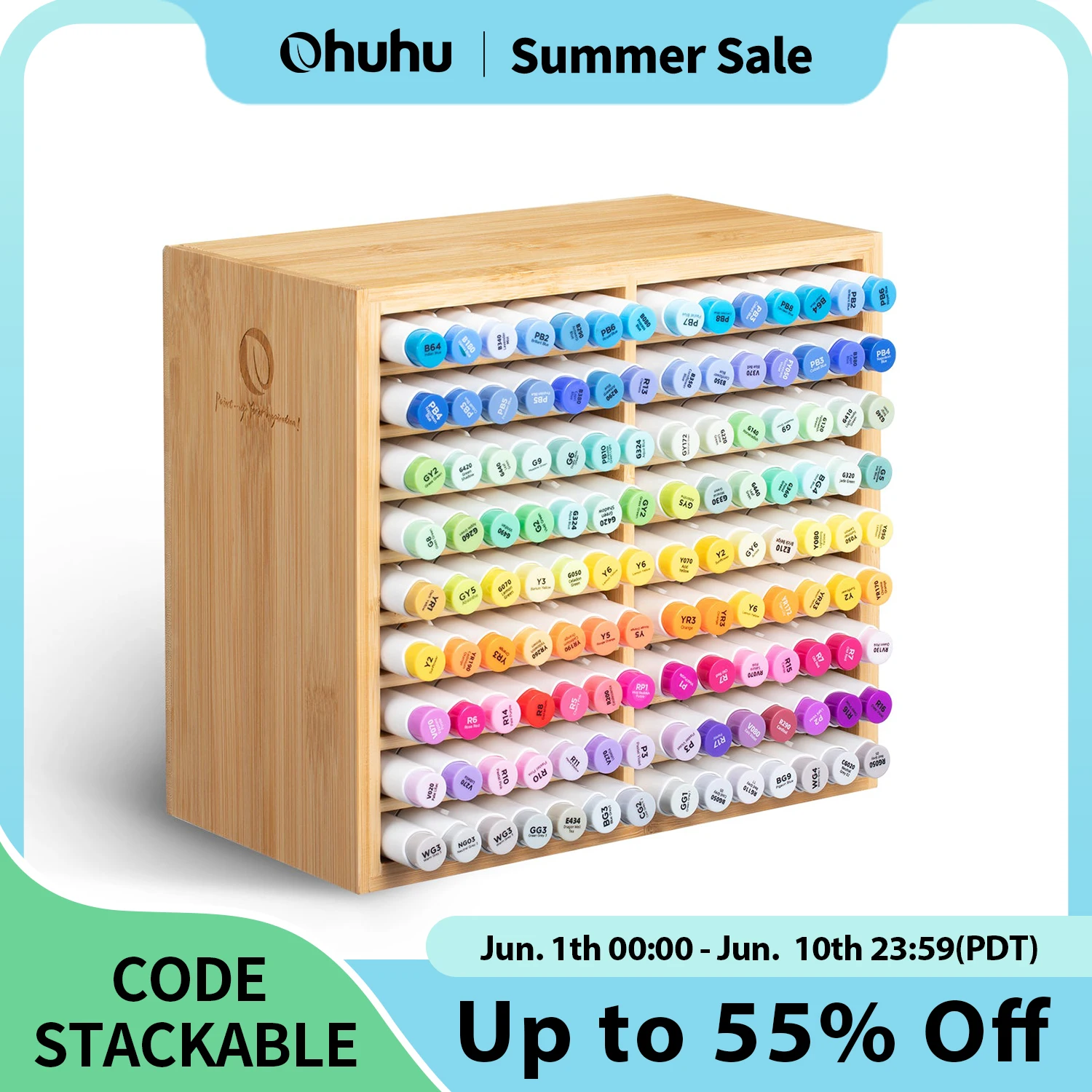 ohuhu-bamboo-marker-organizer-wooden-desktop-storage-hold-126-markers-pens-pencils-art-brushes-stationary-organizer-pen-holder