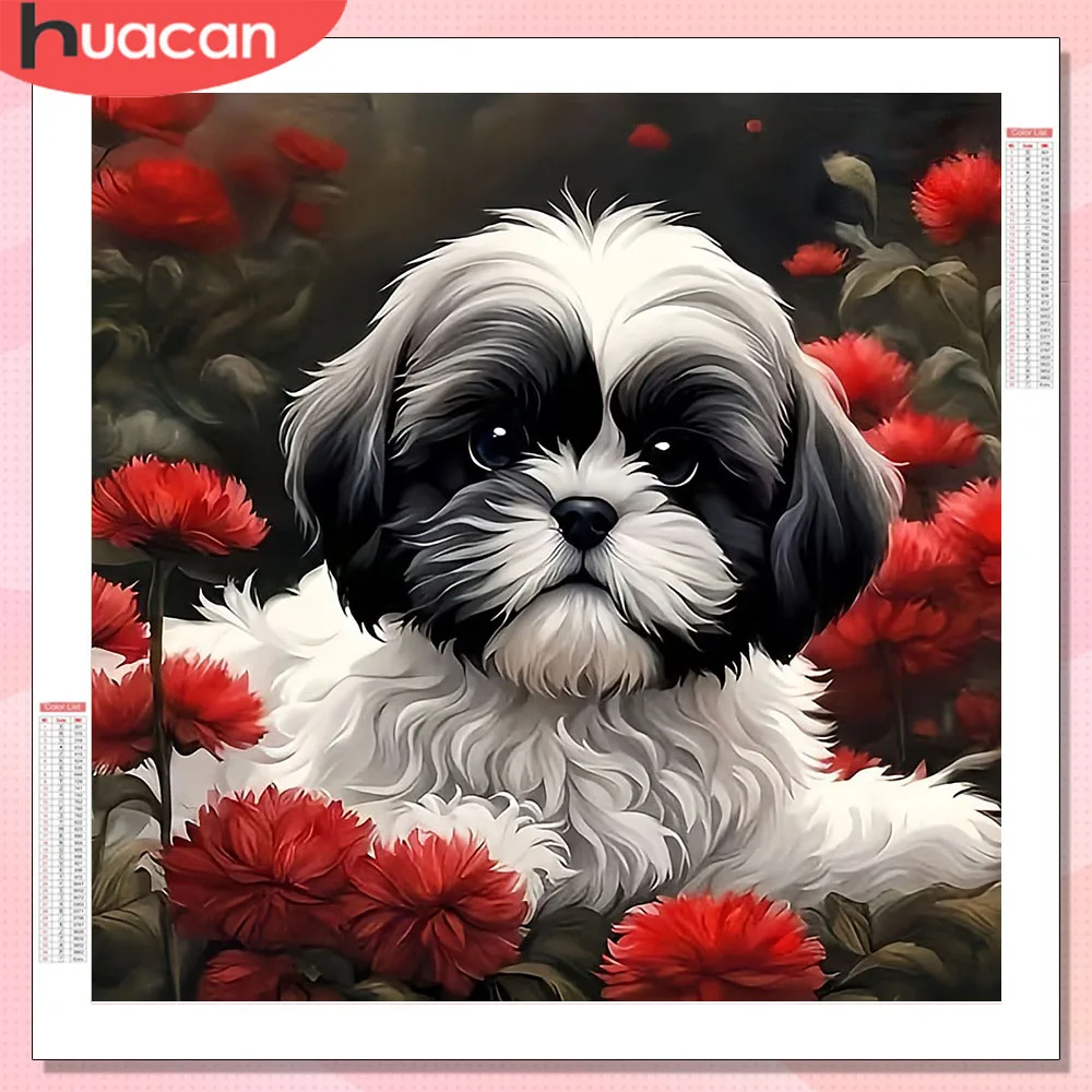 HUACAN Diamant Malerei Kunst Hund Blume Tier Voll Platz Runde Diamant Mosaik Kreuz Stich Wohnkultur Kunsthandwerk Strass