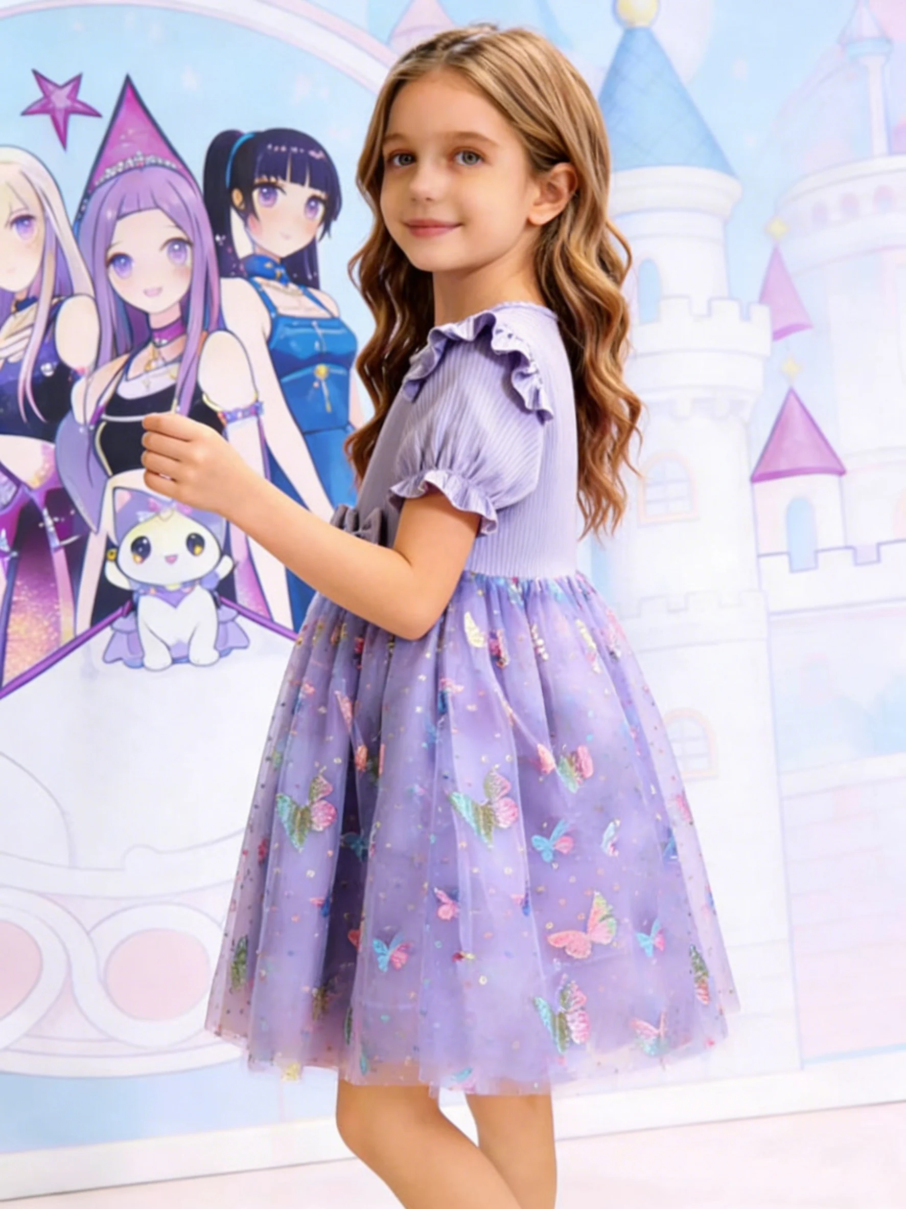 Lila Schmetterling Tüll Prinzessinnenkleid für Mädchen, Sommer Anime IP Besticktes Flatterärmel-Kleid – Detail 3