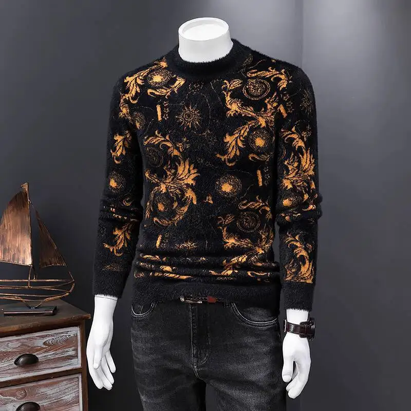 자카드 밍크 플리스 배색 의류 두꺼운 빈티지 그래픽 프린트 긴팔 슬림 풀오버 스웨터 소셜 스트리트웨어