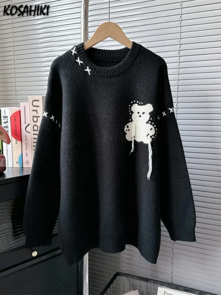 Y2k Aesthetic Vintage Bear Jacquard Patchwork Sweaters Loose Knitted Pullover Japanese Grunge Kawaii Casual Cute Pull Jumpers