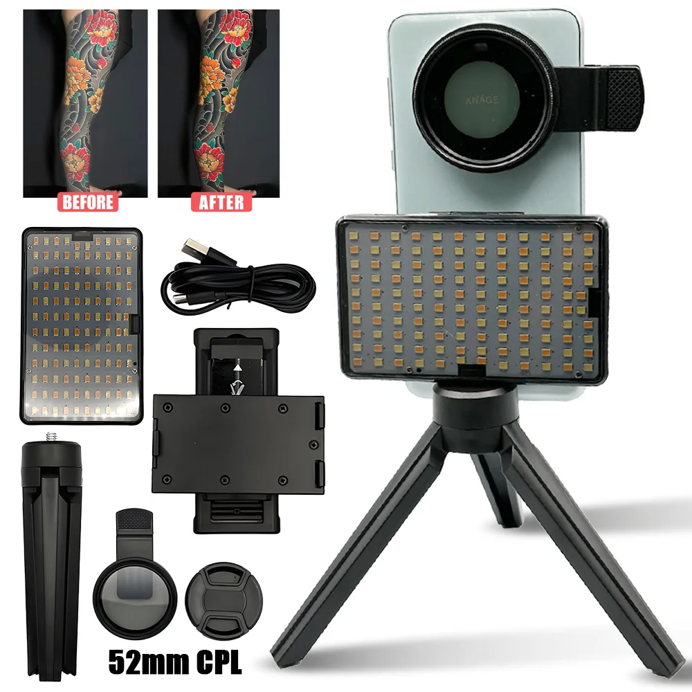 

Professional Tattoo Fill Light USB Rechargeable Foldable Tripod Stand 3 Color Modes 52mm CPL Lens Filter Compatible any Phone