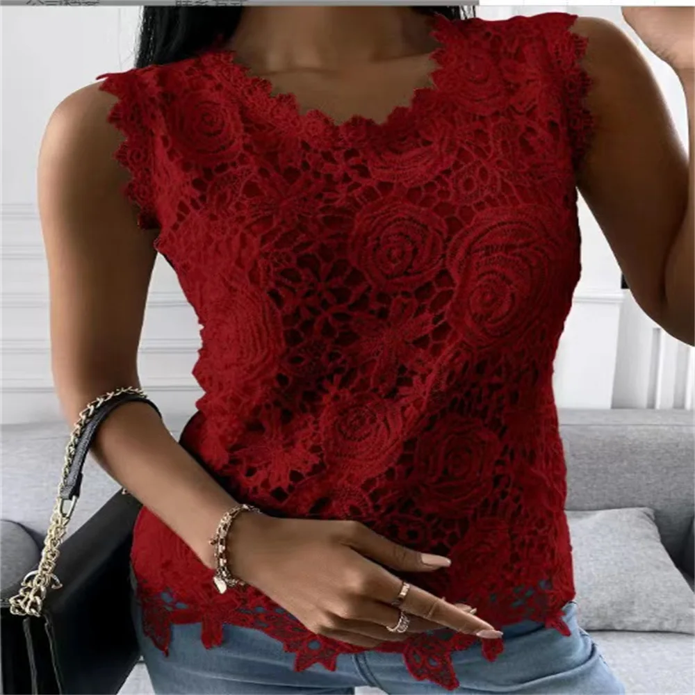 2024 New Summer Fashion Ladies Lace Jacquard Sleeveless Casual Women Vintage T-Shirt S-5XL Floral Vest Camisole Halter Top