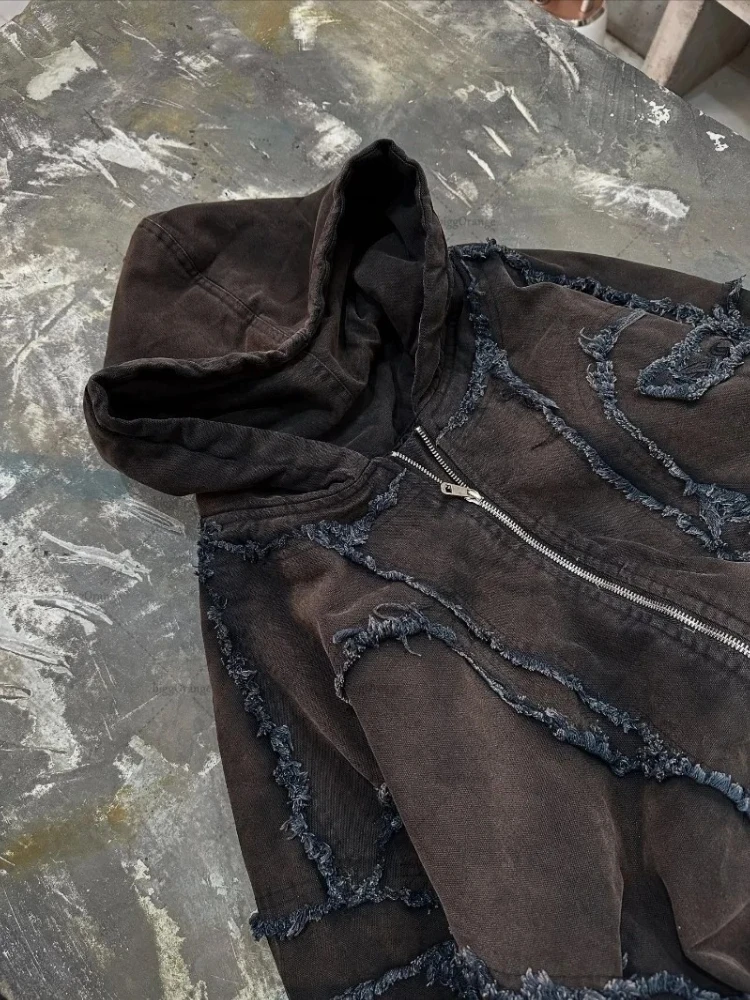 فاسق شارع العليا أزياء المدمرة نمط سستة هوديي الرجال متعدد جيب المطرزة البلوز العصرية ويسكي تصميم عارضة