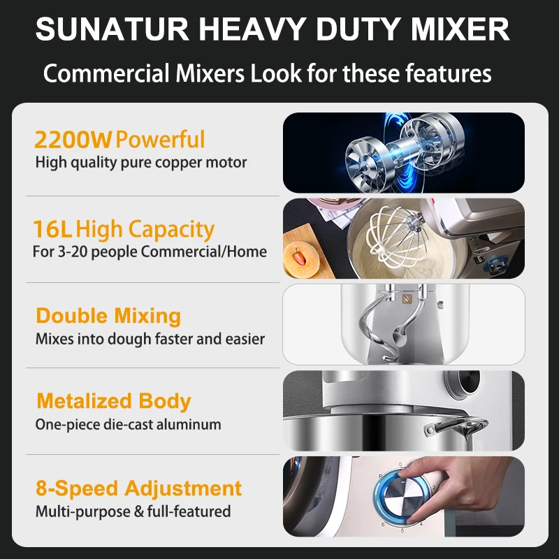 SUNATUR 16L Stand Mixer Large capacity electric kitchen mixer Commercial Food processor Kneader Large capacity 304 bowl 8 speeds