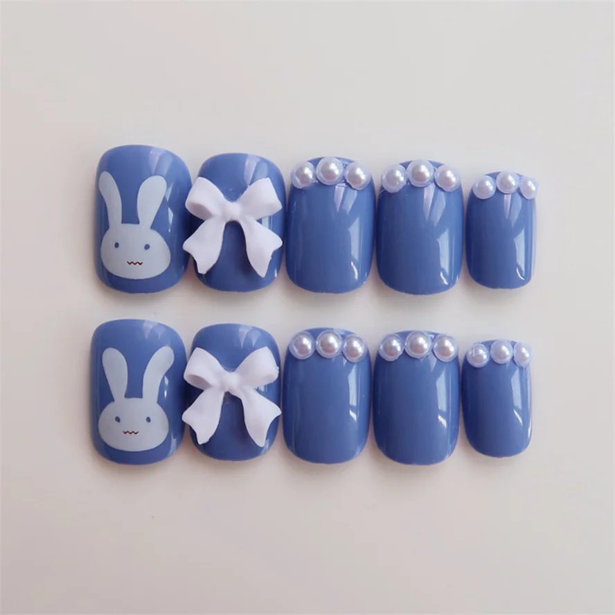 

24PCS/Box Easter Bowknot Rabbit Pattern Pearl Short Square Designer Fashion Design French Style Full Covering Pressed Fake Nails