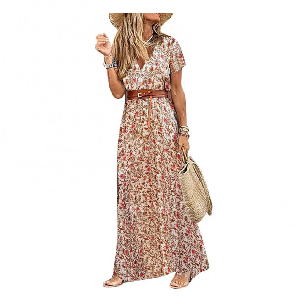 Boho Retro Style Women Streetwear V Neck Short Sleeve Paisley Print Belt Large Hem Beach Long Dress With Belt