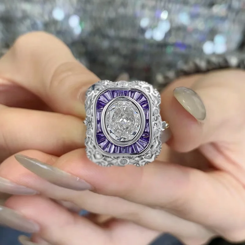 

Gorgeous 925 Silver Cushion High Carbon Diamond Ring Purple Sapphire Chunky Band Custom 9k 14k Real Gold Real Gemstone Jewelry