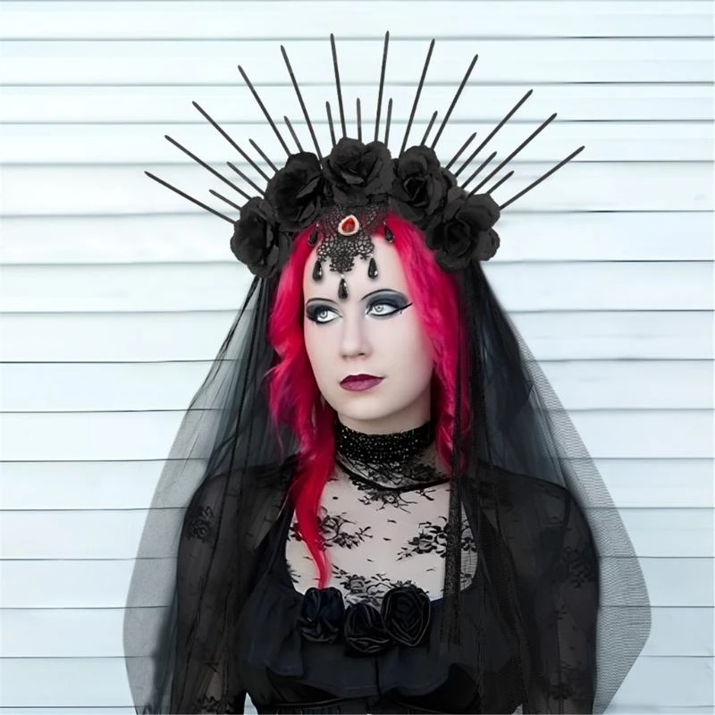 

Повязка на голову в стиле королевы в стиле панк с цветком, черная роза, повязка с короной с шипами для косплея и аксессуаров для