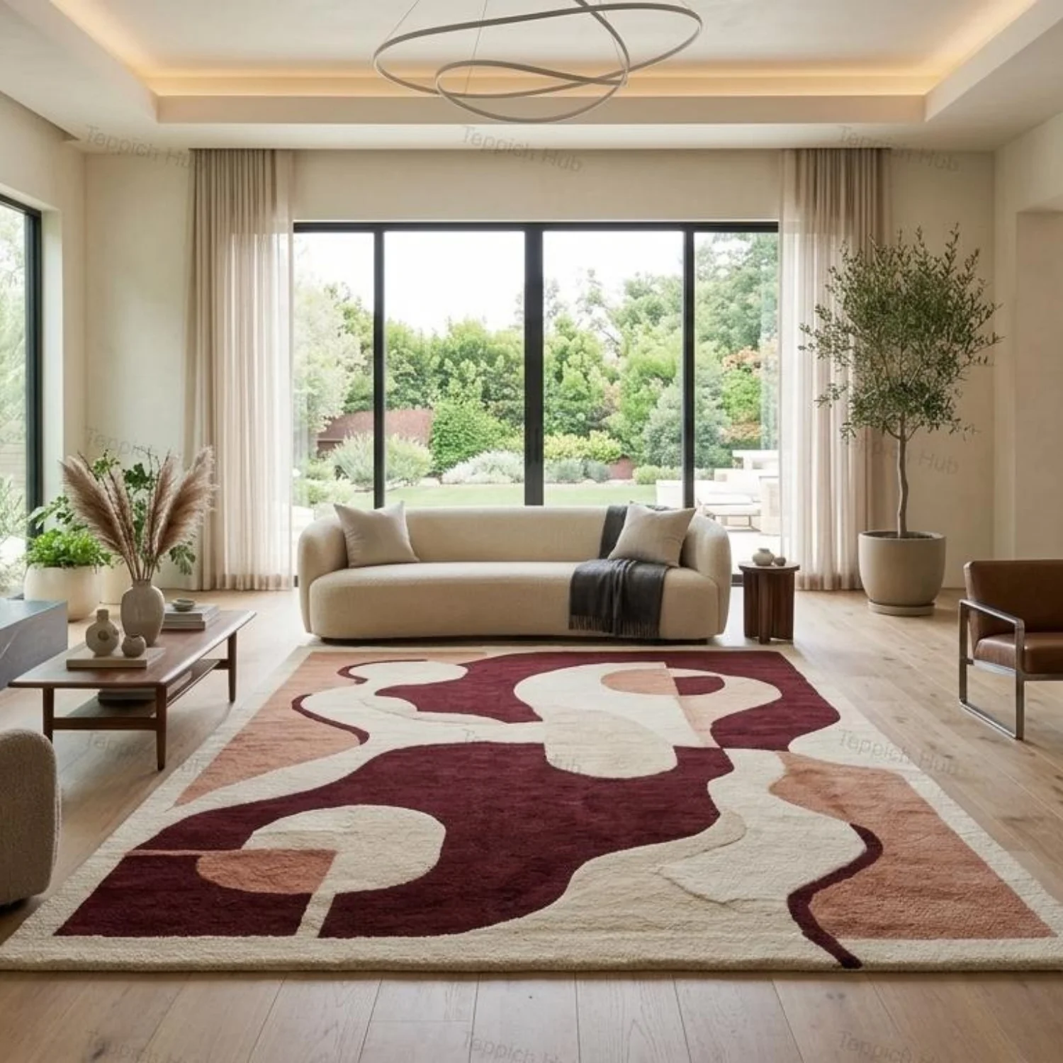 Room Decor Rug  9x12ft Burgundy Beige Abstract Wavy H1and Tufted Rug  Over Size Living Room Minimalist StateM1ent DE1cor