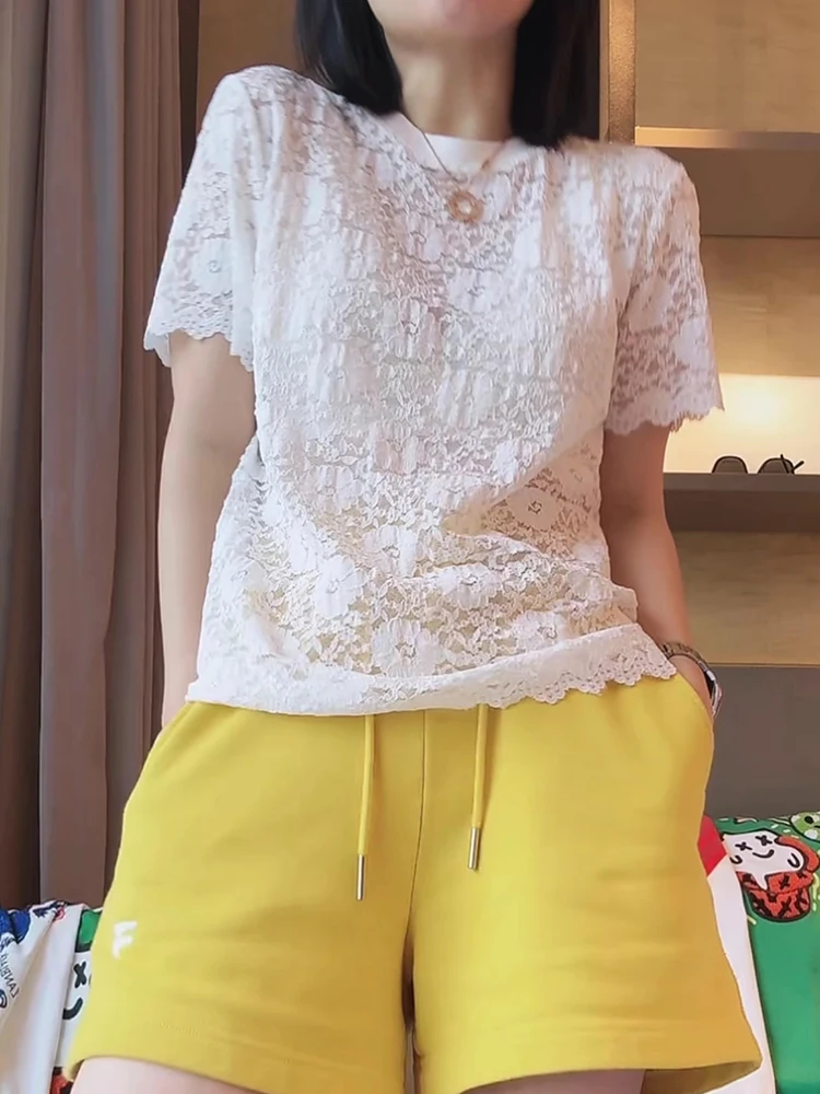 

Lace Hollow out round Neck Short Sleeve T-Shirt Women's Loose Fit Summer New Style Slimming Top Casual Sportswear Set