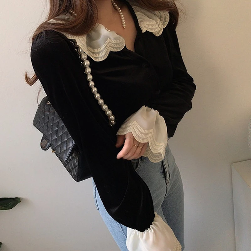 Lace Peter Pan Collar 2024 Woman Shirts & Blouses Velvet Blusas Flare Long Sleeve Camisas Niche Ropa Mujer Spring Autumn Tops